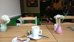 Tea and GF raw cake at Grassroots Health in Edinburgh