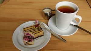 Cream of Earl Grey with raw GF cake at Grassroots Health in Edinburgh