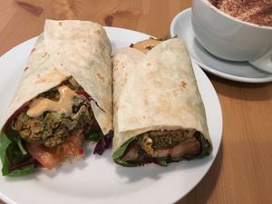 Falafel wrap with spicy sauce  at Grassroots Health in Edinburgh