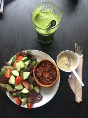 Pie and green juice  at Grassroots Health in Edinburgh