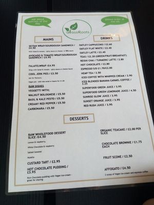 Menu, August 2018 at Grassroots Health in Edinburgh