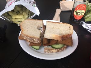 TJ special ( my sons favourite at Grassroots) Seitan, Mayo, Cucumber sandwich  at Grassroots Health in Edinburgh