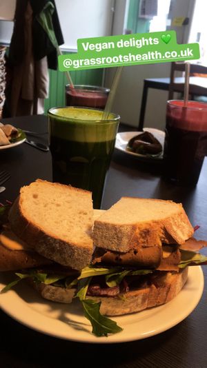 Seitan sandwich with salad and spicy sauce at Grassroots Health in Edinburgh