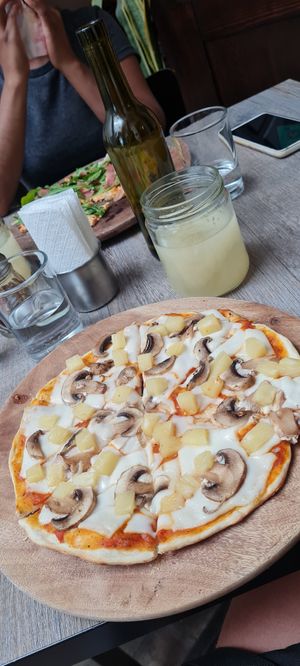 Pizza with Pineapple and Mushrooms (vegan cheese) at La Matatena Pizzeria in Oaxaca