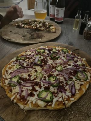 Pizza with vegan cheese, jalapeños, red onion and vegan chorizo. It was the best!   at La Matatena Pizzeria in Oaxaca