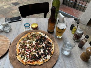 Vegan chorizo pizza at La Matatena Pizzeria in Oaxaca