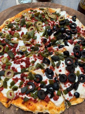 Vegan chorizo pizza  at La Matatena Pizzeria in Oaxaca