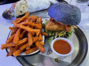 Greek Gyro, KFC Burger, sweet potato fries and buffalo sauce at Veg Bar in North Hobart