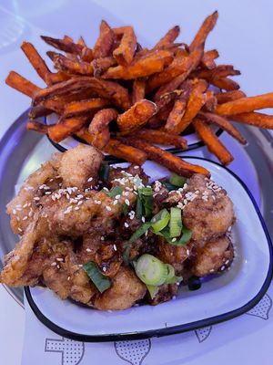 Cauliflower wings and sweet potato chips  at Veg Bar in North Hobart