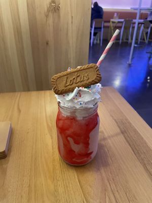 Veg Bar’s vegan strawberry and (coconut) cream shake.  at Veg Bar in North Hobart