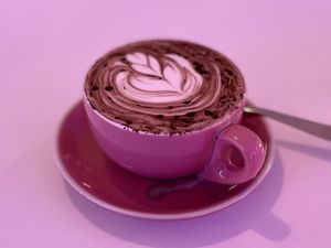 Soy hot chocolate. (That was the ambient lighting at the table, not a photo filter.) at Veg Bar in North Hobart