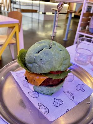 Southern burger with a matcha bun   at Veg Bar in North Hobart