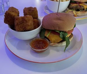 “Southern” burger with a side of Mac N Cheese Poppers  at Veg Bar in North Hobart