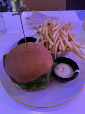 Cheezeburger, small fries and a couple of sauces  at Veg Bar in North Hobart