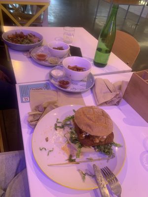 Delicious KFC burger, sweet potato fries, buffalo wings and roasted bowl   at Veg Bar in North Hobart