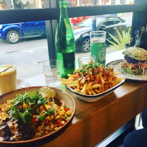 Mexicali bowl, loaded fries with pulled jackfruit and cauliflower burger at Veg Bar in North Hobart