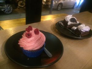 Raspberry cupcake & choc Oreo brownie  at Veg Bar in North Hobart