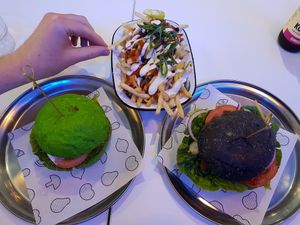 Cauliflower burger, cheeze burger and loaded fries at Veg Bar in North Hobart