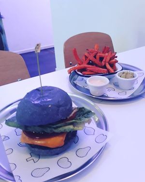 Cheezburger and sweet potato fries at Veg Bar in North Hobart