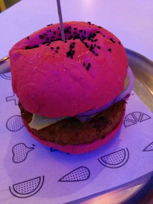 Classic Burger, beet bun at Veg Bar in North Hobart