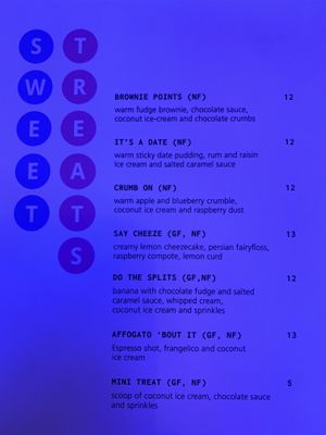 Dessert Menu at Veg Bar in North Hobart