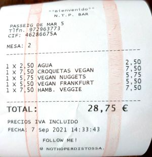 1/2 Lt water, 4 small croquettes the same price of burger? 😅 at No T'ho Perdis in Tossa De Mar