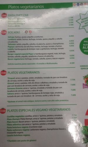 Part of the veg menu at Papo's in Vigo