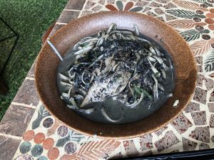 Black sesame spaghetti  at Ans Vegetarian Cuisine  in Da Nang