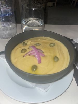 Raw onion on the fava starter hit the spot!  at Aroma Avlis in Santorini