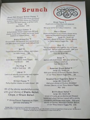 Season's Cafe menu at Seasons Cafe in Salida