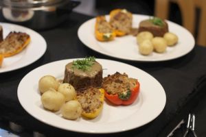 Lentil and Nut Roast with Thick Vegetable Gravy, Buckwheat Stuffed Peppers and Steamed Baby Potatoes at Green & Vegan - Pop-Up in Cape Town