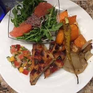 Vegan Fritatta, Rocket, Olive Tapenade and Grapefruit Salad, Tomato and Peach Salsa and Roasted Root Vegetables at Green & Vegan - Pop-Up in Cape Town