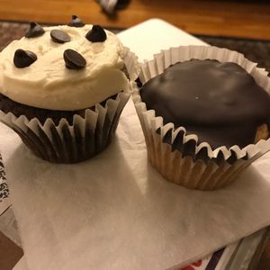 Chocolate cupcake stuffed with chocolate chip cookie dough and boston creme cupcake at Ten Forward Cafe in Ithaca