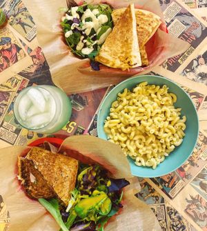  Rachel, Buffalo chikn quesadilla, & mac at Ten Forward Cafe in Ithaca