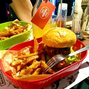 Black bean burger in a bun at Marta's Veggie Fusion in Split