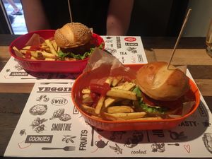 Beetroot & blackbean burger with handcut chips  at Marta's Veggie Fusion in Split