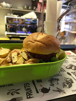Beet burger and domestic fries at Marta's Veggie Fusion in Split