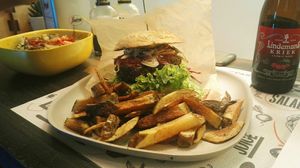 Black Bean Burger & absolutely tasty cherry beer at Marta's Veggie Fusion in Split