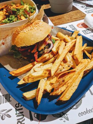 Beet burger and fries (burrito bowl in background) at Marta's Veggie Fusion in Split