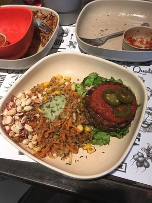 Black bean burger plate at Marta's Veggie Fusion in Split