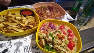 Mix a la wok, skin on fries, falafel bowl at Marta's Veggie Fusion in Split