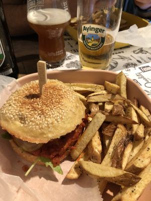 Beet Burger with fries.  So good!  at Marta's Veggie Fusion in Split