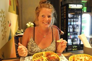 Me eating burrito bowl at Marta's Veggie Fusion in Split