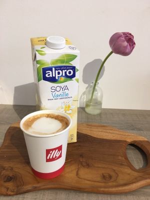 Delicious vegan illy cappuccino,with vanilla soya milk ... at Pinsa & Co in The Hague