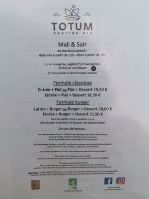 Menu August 2020, meal combos starting from 15,50 including two dishes at Totum Cantine Bio in Nantes