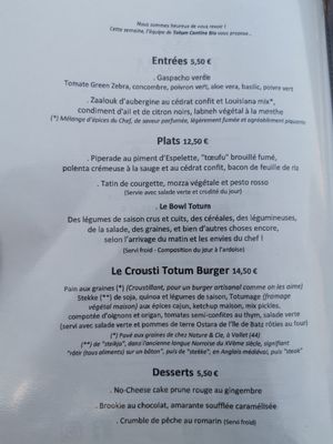 Menu August 2020 at Totum Cantine Bio in Nantes