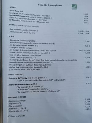 Menu August 2020 drinks at Totum Cantine Bio in Nantes