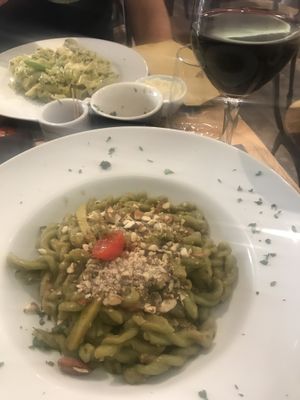 Avocado, zucchini, cherry tomato, garlic oil and almonds with spinach pasta   at Pastaus in Valletta