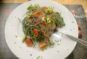 Seaweed spaghetti with avocado coconut sauce. at Pastaus in Valletta