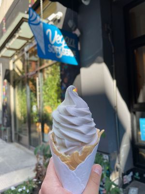 Vanilla-lavender soft-serve ice cream cone at Orchard Grocer in New York City